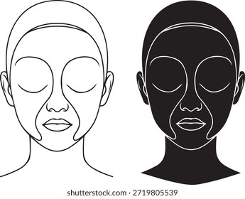 Ein Paar von Flächen, eine als Linienzeichnung und eine andere als Volumenkörpersilhouette. Beide zeigen Personen mit geschlossenen Augen, was auf Entspannung und Wellness-Erlebnis hindeutet. Ideal für die Darstellung von Schönheitsbehandlungen, Hautpflege-Routinen und Wellness-Konzepten.