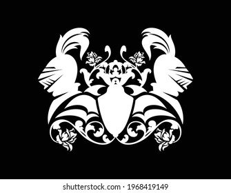 pair of fairy tale knight helmets with heraldic shield among rose flowers - medieval style coat of arms black and white vector design