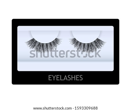 A pair of false eyelashes. Natural black lashes in a box. 3d realistic vector template isolated on white background.