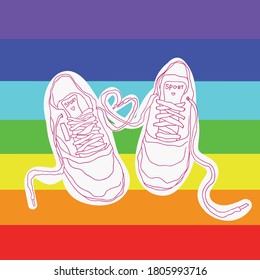  pair of fashionable sneakers on a rainbow background. vector fashion illustration.
