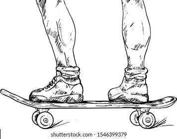 A pair of feet riding a skateboard. Hand drawn vector illustration. 