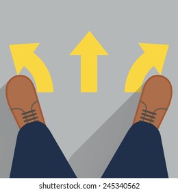 Pair of feet and shoes standing by 3 arrows on the ground, metaphor to starting or beginning to go straight, right or left. Top view, flat design with long shadow. 