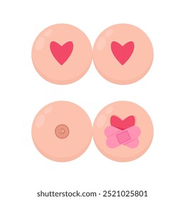 A pair of female breasts with pink hearts in honor of Breast Cancer Awareness