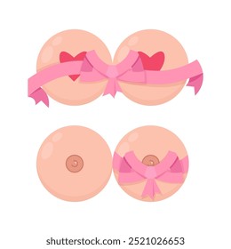 Pair of female breasts with pink hearts and ribbon in honor of Breast Cancer Awareness