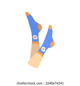 Pair of female feet in blue socks. Vector illustration underwear. Cartoon warm wool or cotton clothes for legs with funny pattern isolated on white. Accessory, footwear, fashion concept