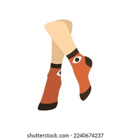 Pair of female feet in orange socks with eye. Vector illustration underwear. Cartoon warm wool or cotton clothes for legs with funny pattern isolated on white. Accessory, footwear, fashion concept