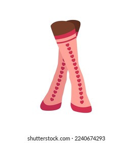 Pair of female feet in pink socks with hearts. Vector illustration underwear. Cartoon warm wool or cotton clothes for legs with funny pattern isolated on white. Accessory, footwear, fashion concept
