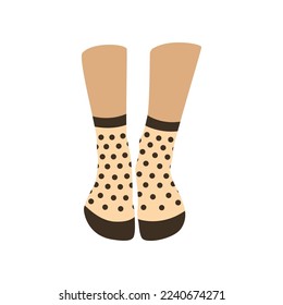 Pair of female feet in yellow dotted socks. Vector illustration underwear. Cartoon warm wool or cotton clothes for legs with funny pattern isolated on white. Accessory, footwear, fashion concept