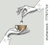 Pair of female hands with a coffee cup and spoon. Vintage engraving stylized drawing. Vector illustration