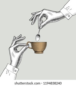コーヒーカップとスプーンを持つ女性の手 ビンテージ彫刻様式の図 ベクターイラスト のベクター画像素材 ロイヤリティフリー Shutterstock