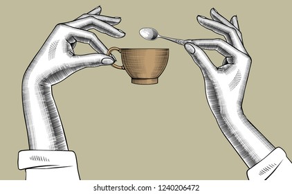 Pair of female hands with a coffee cup and spoon. Vintage engraving stylized drawing. Vector illustration