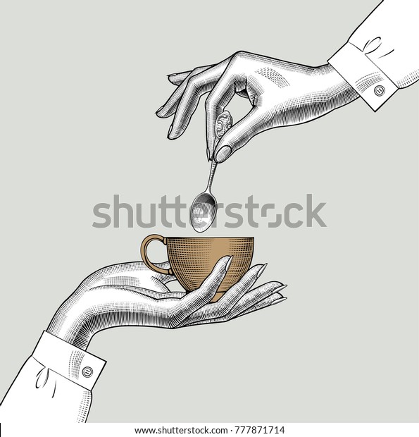コーヒーカップとスプーンを持つ女性の手 ビンテージ彫刻様式の図 ベクターイラスト のベクター画像素材 ロイヤリティフリー