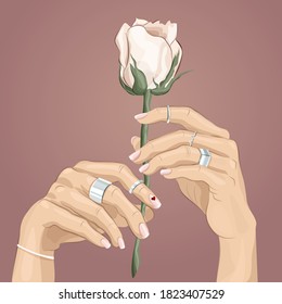 Pair of female hands with silver rings on fingers holding a white rose as a symbol against violence in Belarus. Concept for peaceful protests in Belarus and flower revolution. Trendy illustration.