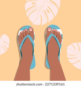 A pair of female legs with a pedicure in beach slippers. Beach shoes. Color slippers. Female stands in flip-flops, cartoon style. Summer vacation and relaxation. Illustration flat design.