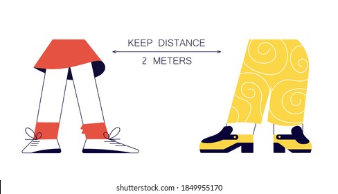Pair of female or male legs in cool bright shoes. Social distancing banner for prevent disease risk. Flat Art Vector Illustration
