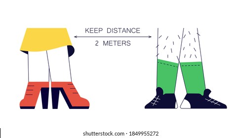 Pair of female or male legs in cool bright shoes. Social distancing banner for prevent disease risk. Flat Art Vector Illustration