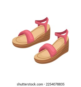 Pareja de zapatos de verano femeninos en el andén para vacaciones o vacaciones en un fondo blanco. Coloridas imágenes de dibujos animados de sandalias de verano. Calzado, moda, recreación, concepto de zapatos