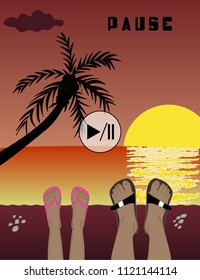 The pair of feminine and masculine feet wearing flip-flops enjoying sunset on the beach.. represents deep relaxation. 