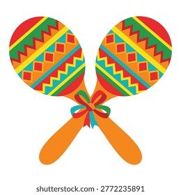 Pair of festive maracas with bright patterns and a bow, musical instruments for mexican fiestas, vector illustration.