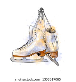 Pair of figure ice skates from a splash of watercolor, hand drawn sketch. Vector illustration of paints