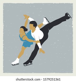 Pair figure skaters perform elements on an ice rink retro style illustration