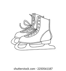 A pair of figure skates with laces. Black line outline drawing, vector, doodle. Inventory for spending time outdoors. Winter fun.