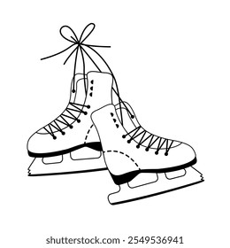 A pair of figure skates, a realistic contour drawing highlighted on a white background. For logos, prints, postcards, web pages, winter competitions, sports games.