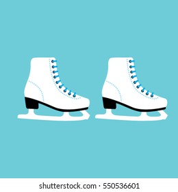 A Pair of the figure skates. White woman Ice skates icon isolated on blue. vector illustration.