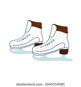A pair of the figure skating boots with snowflakes. Ice skates pair. Skaters footwear for winter rink sport. Vector illustration for winter sports, active games, events.