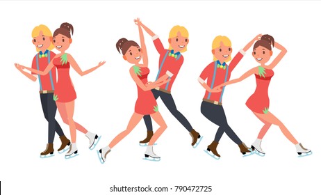 Pair Figure Skating Couple Boy And Girl Vector. Skate Male And Female. Isolated On White Cartoon Character Illustration