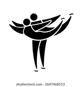 Pair figure skating icon, black silhouette isolated on white. Man and woman dancing with skates, minimalist stencil sign. Vector clipart for simple sport design, winter games illustration.