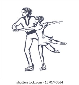 pair figure skating, man and woman skating together, isolated graphic monochrome image