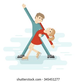 Pair figure skating on a skating rink. Pair ice dance. Ice skating nice man and woman in flat style. Vector illustration.