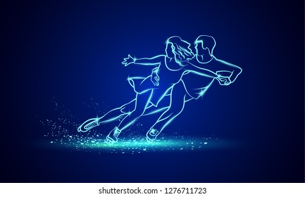 Pair figure skating sport. Blue linear neon pair figure skating on a black background.