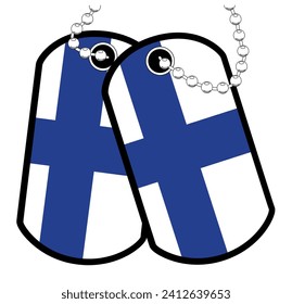 A pair of Finland military dog tags with chain over a white background showing the Finnish national flag