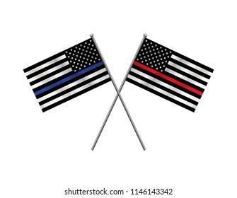 A pair of first responder police and firefighter support flags crossed illustration. Vectore EPS 10 available.