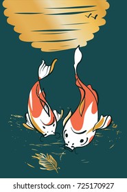 Pair of fish carp koi on dark color background. Sketch vector illustration. 