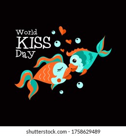 A pair of fish in love kissing. Congratulations on world kiss Day. Cartoon style. Vector illustration on a black background.