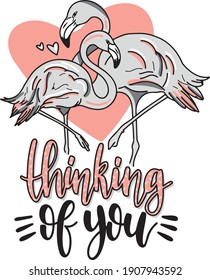 Pareja de flamencos enamorados. Escrito con cartas pensando en ti. Tarjeta de San Valentín. Un par de animales. Feliz pareja. Ilustración vectorial.