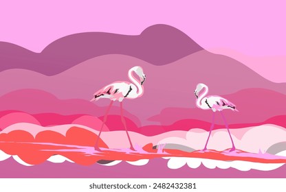 a pair of flamingos on a pink abstract background