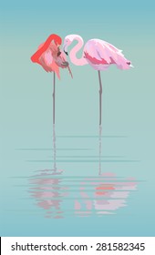 Pair of flamingos in the pond