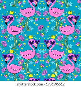 Pair of flamingos in sunglasses and in a crown with a flowers pattern seamless background. Tropical print for textiles. Vector illustration.