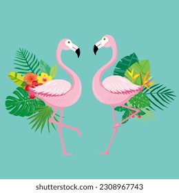 A pair of flamingos and a tropical plant background illustration