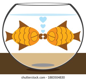 A pair of flat vector cartoon goldfish are preparing to kiss