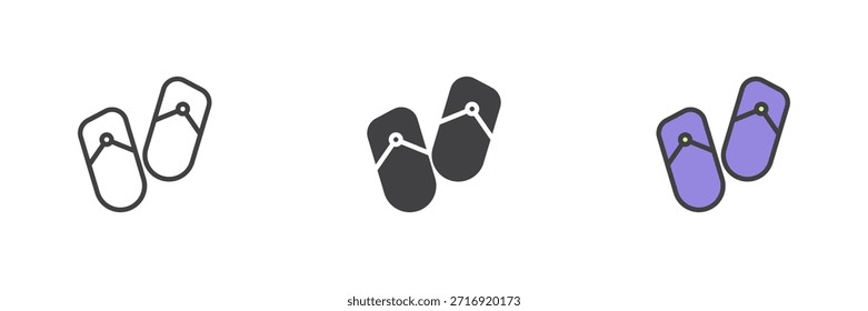 Par de sandalias flip flop icono en línea, sólido y lleno de estilo colorido de contorno. Icono de playa dos veces mostrado como signo de Vector, símbolo, paquete de verano de color.