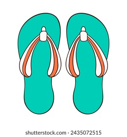 Pair of flip flops in cartoon style top view. Summer time slippers for male and female, shoes design green and orange color for shoes store. Vector illustration isolated on a white background.