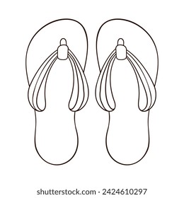 Pair of flip flops in line art style top view. Summer time slippers for man and woman, shoes design for shoes store. Vector illustration isolated on a white background.