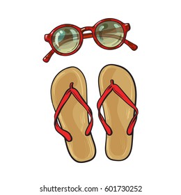 Pair of flip flops and round sunglasses, summer objects, vacation attributes, sketch vector illustration isolated on white background. 