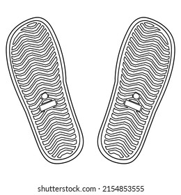 Pair of flip flops sole, summer time vacation attribute, slippers, shoes. Bottom view. Vector doodle illustration.