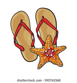 Pair of flip flops and starfish, symbols of beach vacation, sketch vector illustration isolated on white background. Hand drawn flip flops, sandals and starfish, summer vacation at the beach concept